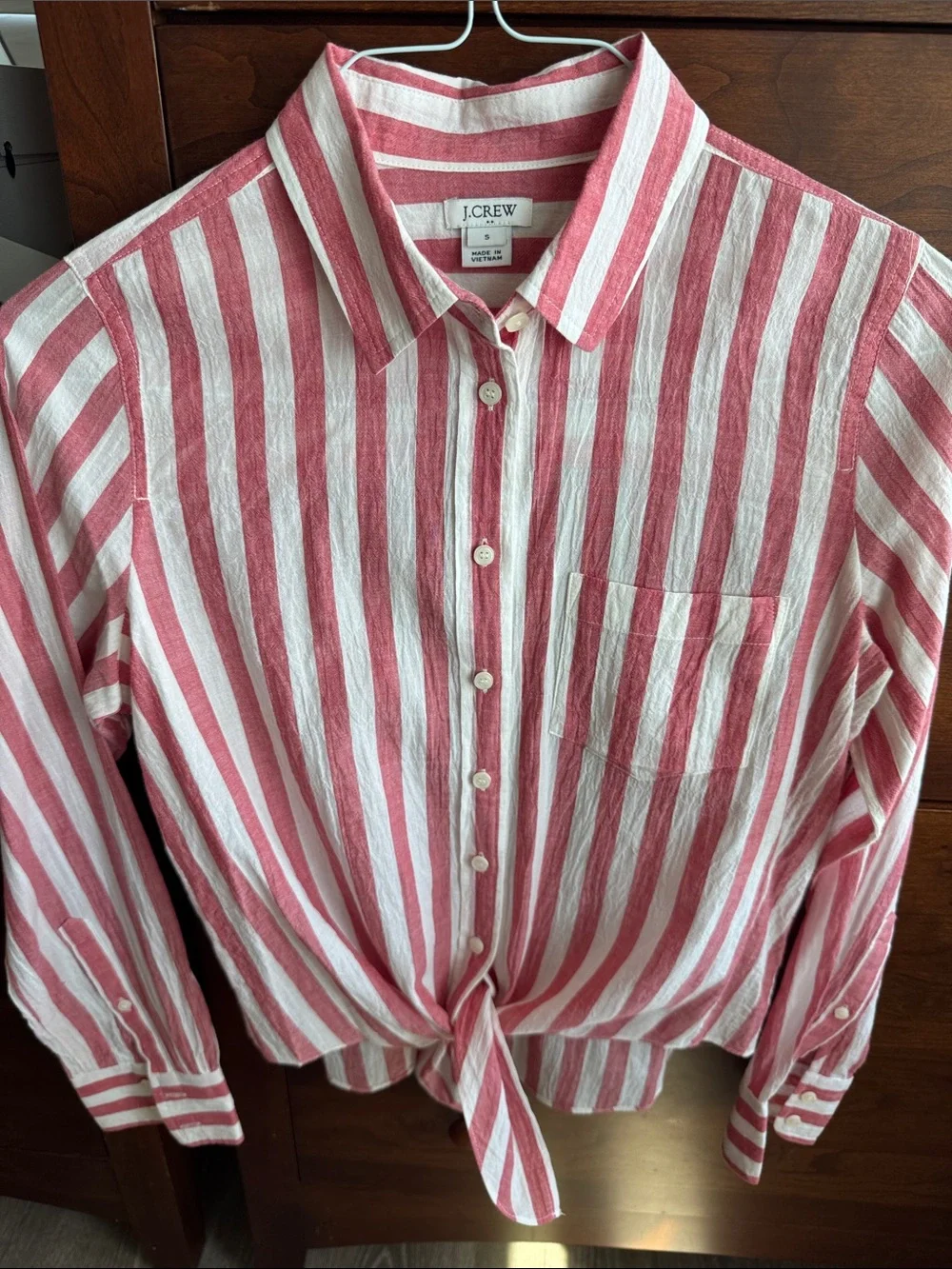 J. Crew Pink and White Striped Tie-Front Button-Up Shirt